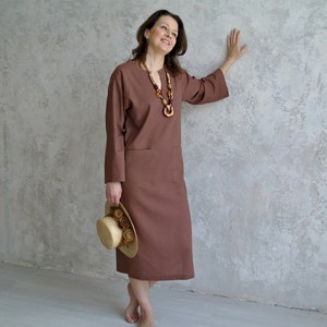 Women's KAFTAN DRESS, Linen Long Tunic with Roll-up Sleeves, Linen Beach Dress with Slits, Midi V-neck Dress, Linen Kaftan Women image 8