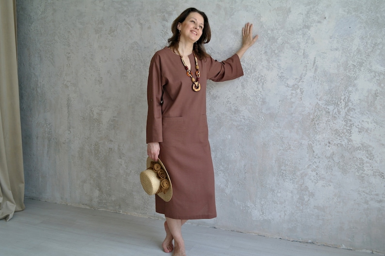 Women's KAFTAN DRESS, Linen Long Tunic with Roll-up Sleeves, Linen Beach Dress with Slits, Midi V-neck Dress, Linen Kaftan Women image 8