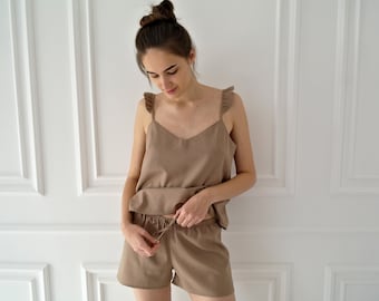 Pigiama da donna, Pigiama di lino donna, Pantaloncini e pigiami top di lino, Pigiami di lino, Pigiama di lino biologico, Pigiami in lino, Regalo per Lei