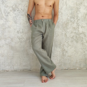 Straight Linen Pants for Men, Classic Linen Trousers, Organic Flax Men's Pants, Natural Linen Pants , Men's Elastic Waist Linen Pants zdjęcie 1