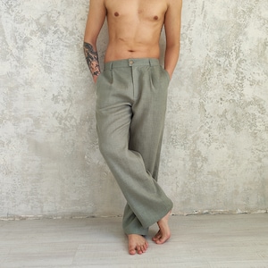 Straight Linen Pants for Men, Classic Linen Trousers, Organic Flax Men&#39;s Pants, Natural Linen Pants , Men&#39;s Elastic Waist Linen Pants