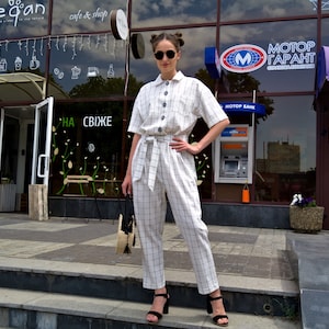 Maxi linen Overall, Check Linen Jumpsuit Women, Natural linen Jumpsuit, Organic Flax Pants Jumpsuit, Linen Pants Overall, Loose linen Romper