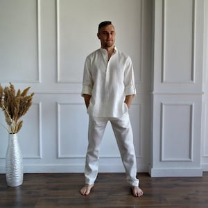 MEN'S LINEN SET, Pure linen suit men, Best man linen suit, Band collar shirt, Roll-up sleeves, Linen pants men, Flax trousers, Flax shirt image 1