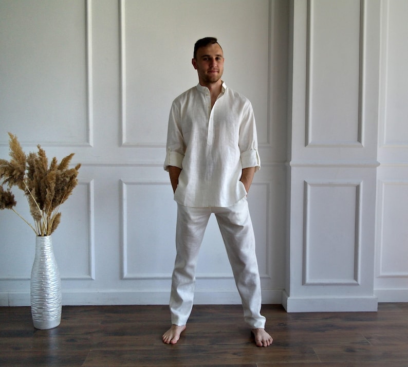 MEN'S LINEN SET, Pure linen suit men, Best man linen suit, Band collar shirt, Roll-up sleeves, Linen pants men, Flax trousers, Flax shirt image 1
