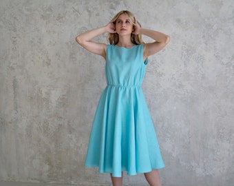 Linen CIRCLE Dress, LIGHT and FRESH Women Dress, Turquoise Color Linen Dress, Summer Midi linen dress, Linen Sleeveless dress with Pockets