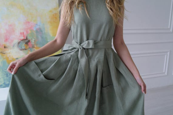 LINEN DRESS Womens, Linen dress with Pleated skirt, Maxi linen dress with pockets and belt, Sage Green linen dress, Natural Flax Long dress