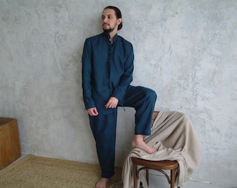 MEN&#39;S Linen Set: button down shirt and elastic waist pants, OEKO-TEX linen Casual Mens Suit, Mid-weight Linen Suit for Men, Oganic Flax Suit