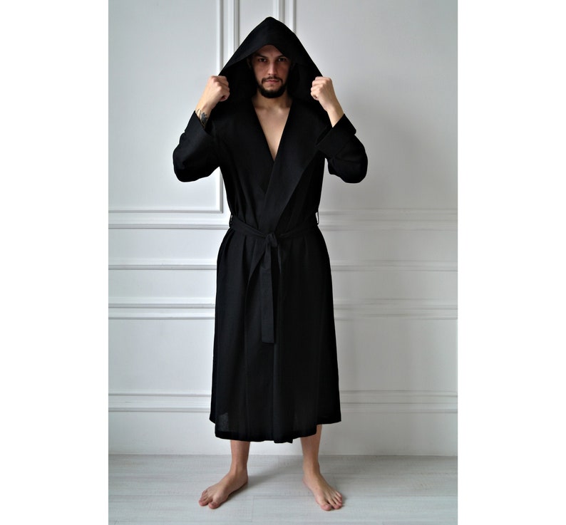 Mens linen robe, Linen robe for men, Hooded black robe, Black Hoodie, Male bathrobe, Linen robe, Men's bathrobe, Gown for Men, Gift for him image 3