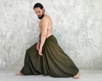 Yoga Linen Pants for Men, Loose Harem Trousers with Elastic Drawstring Waist and Cuffs