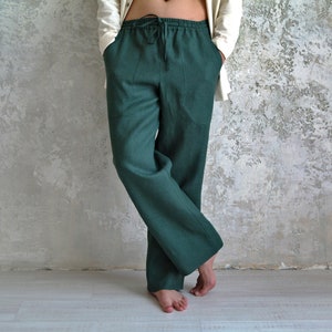 Straight Linen Pants Men, Loose Linen Pants, Men's Wide Leg Pants, Straight Linen Pants with Pockets, Men's Elastic Waist Linen Pants