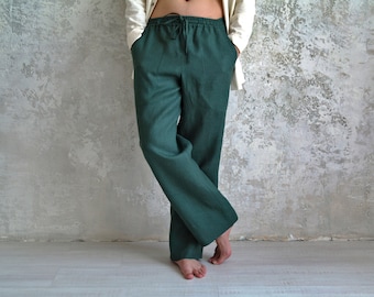 Straight Linen Pants Men, Loose Linen Pants, Men&#39;s Wide Leg Pants, Straight Linen Pants with Pockets, Men&#39;s Elastic Waist Linen Pants
