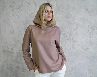 Linen Hoodie for Women, Relaxed Natural Flax Hooded Top for Everyday Layering