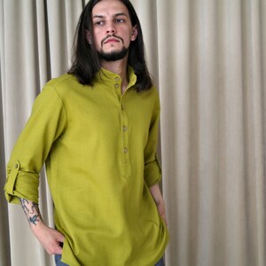 Natural Linen shirt for men, Men&#39;s Linen shirt, Organic Summer shirt, Men&#39;s shirt, Roll-up sleeves, Band collar shirt, Beach party shirt