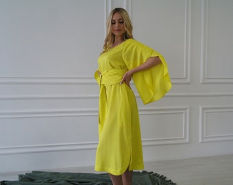 MAGNIFIQUE robe en lin jaune à manches pétales, robe nuisette en lin, robe midi en lin, robe ample en lin, robe en lin pour femme, robe en lin bio