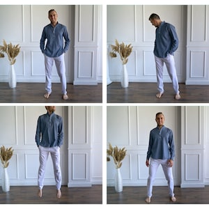 May include: A four-panel image set featuring a person wearing a blue striped Henley shirt and white pants. The person is barefoot and poses in front of a white wall with decorative paneling. Tall white vases with dried plants are in the background.