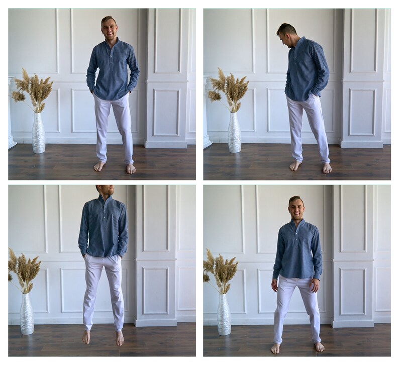 May include: A four-panel image set featuring a person wearing a blue striped Henley shirt and white pants. The person is barefoot and poses in front of a white wall with decorative paneling. Tall white vases with dried plants are in the background.
