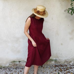 BURGUNDY LINEN DRESS Women, Midi Linen Dress, Linen Dress Women, Organic Flax Dress, Pleated Linen Dress, Loose Linen dress, Elegant Dress