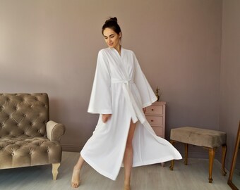 Women Linen Robe, Maxi Wrap Bathrobe with Bell Sleeves, Belt, Loops and Inseam Pockets