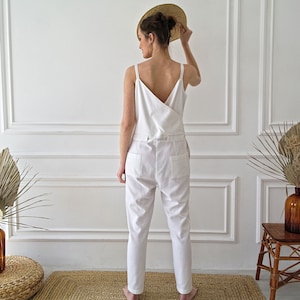 White LINEN Strap Jumpsuit, Linen jumpsuit women, Womens linen jumpsuit, Women's linen romper, Linen overall women, Organic Flax jumpsuit