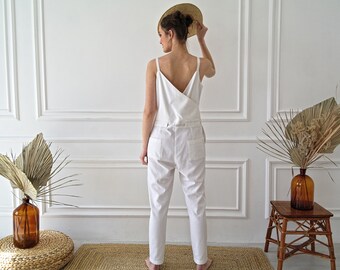 White LINEN Strap Jumpsuit, Linen jumpsuit women, Womens linen jumpsuit, Women&#39;s linen romper, Linen overall women, Organic Flax jumpsuit