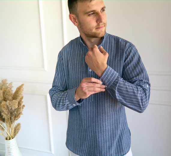 Men's natural linen shirt, Men shirt, Organic Flax shirt, Linen shirt Men, Striped shirt, Gift for Him, Band collar shirt, Linen Shirt men