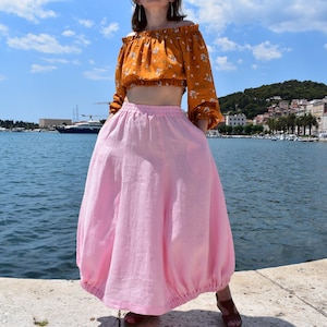 Pink Cocoon Style Skirt, Women&#39;s Linen Skirt, Linen Pleated Skirt, Women&#39;s Long Linen Skirt, Maxi Linen Skirt Pockets, Flared Panelled Skirt