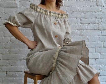 LINEN DRESS, Ethnic women's dress, Linen dress women, Linen loose dress, Gray linen dress, Open shoulder dress, Natural linen dress