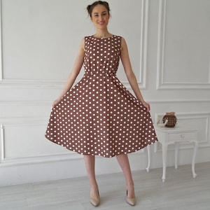 Linen Midi Dress for Women, Half Circle Polka Dot Skirt with Elastic Waist