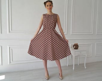 Linen Midi Dress for Women, Half Circle Polka Dot Skirt with Elastic Waist