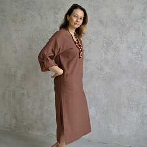 Women's KAFTAN DRESS, Linen Long Tunic with Roll-up Sleeves, Linen Beach Dress with Slits, Midi V-neck Dress, Linen Kaftan Women image 10