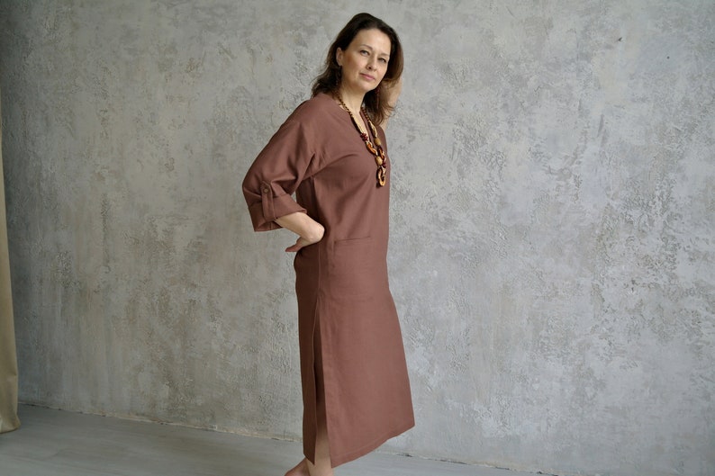 Women's KAFTAN DRESS, Linen Long Tunic with Roll-up Sleeves, Linen Beach Dress with Slits, Midi V-neck Dress, Linen Kaftan Women image 10