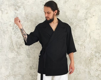 Linen Kimono Shirt Men, Men's Linen Black Kimono, Men Natural