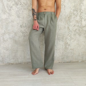 Straight Linen Pants for Men, Classic Linen Trousers, Organic Flax Men's Pants, Natural Linen Pants , Men's Elastic Waist Linen Pants zdjęcie 5