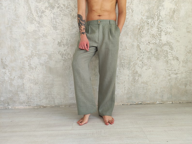 Straight Linen Pants for Men, Classic Linen Trousers, Organic Flax Men's Pants, Natural Linen Pants , Men's Elastic Waist Linen Pants zdjęcie 5