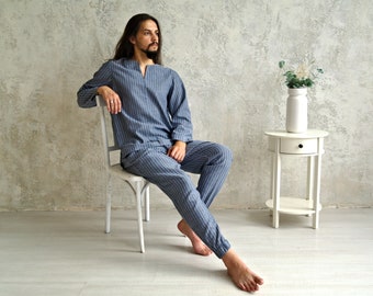 MEN LINEN SUIT: V-neck shirt with long sleeves, tapered linen pants. Mens Linen Loungewear, Striped Linen set, Gift for Him! Men's Flex Suit