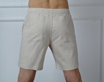 LINEN SHORTS for MEN with 4 pockets, Men linen shorts, Light shorts with elastic waist and drawstring. Summer flax shorts. Gift for Him!