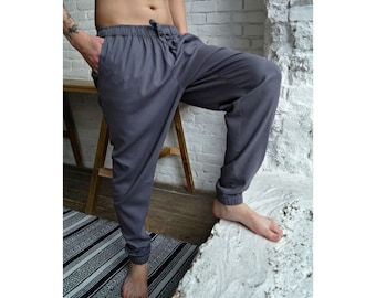 Tapered Yoga Linen Pants for Men, Handmade Casual Trousers for Travel and Comfortable Summer Wear