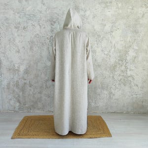 Men's Undyed Hooded Linen Kaftan with Button Front Side Slits and Deep Pockets, back view showing an undyed, hooded linen kaftan.