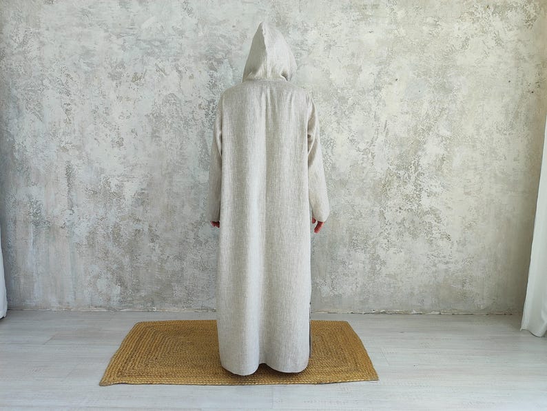 Men's Undyed Hooded Linen Kaftan with Button Front Side Slits and Deep Pockets, back view showing an undyed, hooded linen kaftan.