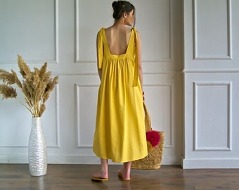 Yellow maxi linen sundress, backless sundress, wide strap slip dress, linen dresses for women, open back dress, perfect summer dress