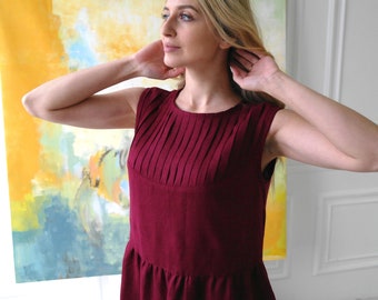 BURGUNDY Linen Dress Pleated Neckline, Organic Linen Dress, Long Linen Dress Women, Bordeaux Linen Dress, Loose Linen dress, Elegant Dress