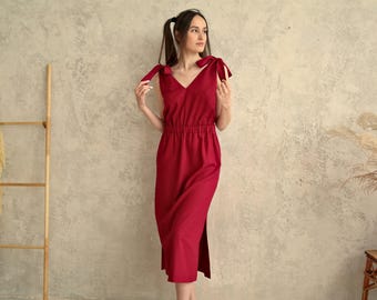 V Back Midi Linen Sundress for Women, Open Back with Wide Straps and Pockets