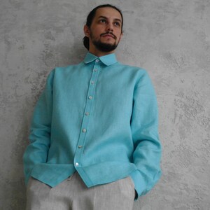 Men's Point Collar Linen Shirt, Natural Buttons and Long Sleeves, product view showing a turquoise linen button-down shirt.