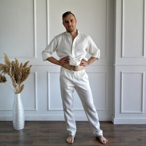 MEN'S LINEN SET, Pure linen suit men, Best man linen suit, Band collar shirt, Roll-up sleeves, Linen pants men, Flax trousers, Flax shirt image 10