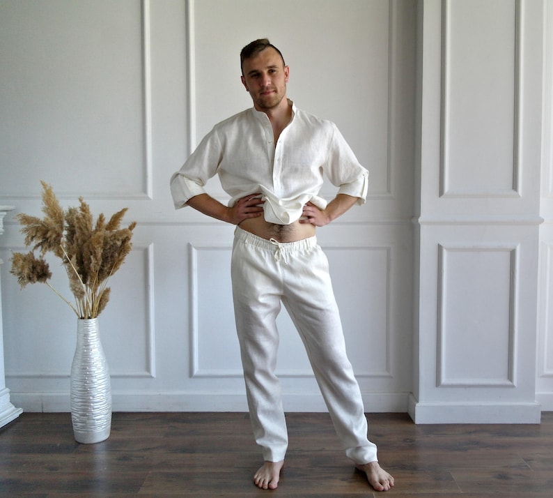 MEN'S LINEN SET, Pure linen suit men, Best man linen suit, Band collar shirt, Roll-up sleeves, Linen pants men, Flax trousers, Flax shirt image 10