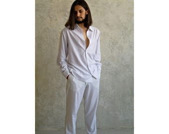 MEN'S WEDDING LINEN set: button down shirt, classic linen pants. Special occasion pure linen set, Elegant linen shirt and pants, Flax pants