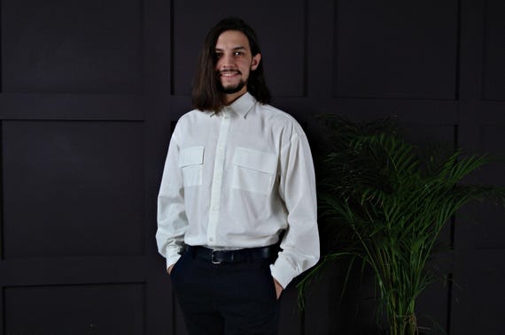 Loose Button Down Linen Shirt with Pockets for Men, White Summer Top for Travel
