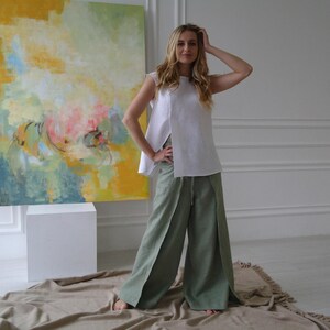 Pantalones cruzados de lino para mujer, pantalones maxi ajustables de lino orgánico OEKO TEX.