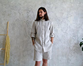 Conjunto de camisa y pantalón corto de lino para hombre, camisa de manga enrollable con cuello mao para ropa de playa.