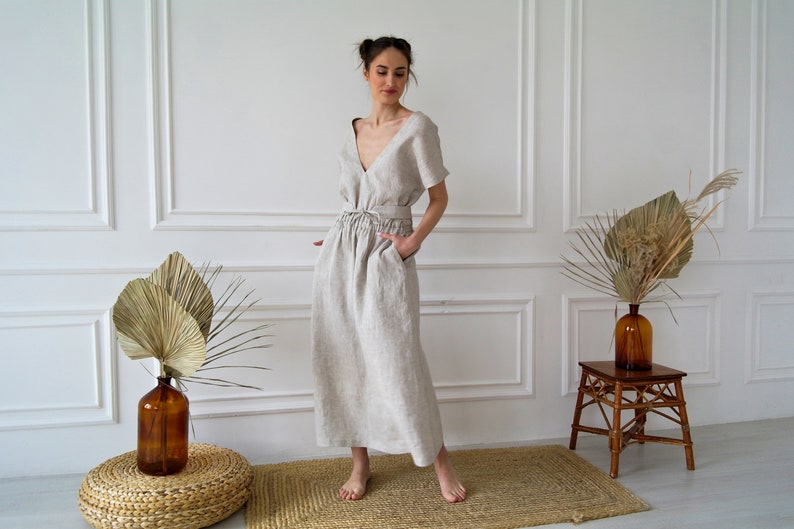 Pure Undyed LINEN DRESS, Linen tunic dress, Linen kaftan, Maxi linen dress, Linen dress women, Gray linen dress, Natural linen slip dress image 4